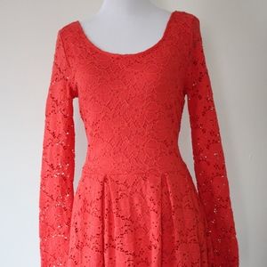 Free People Orange Lace Long Sleeved Skater Dress